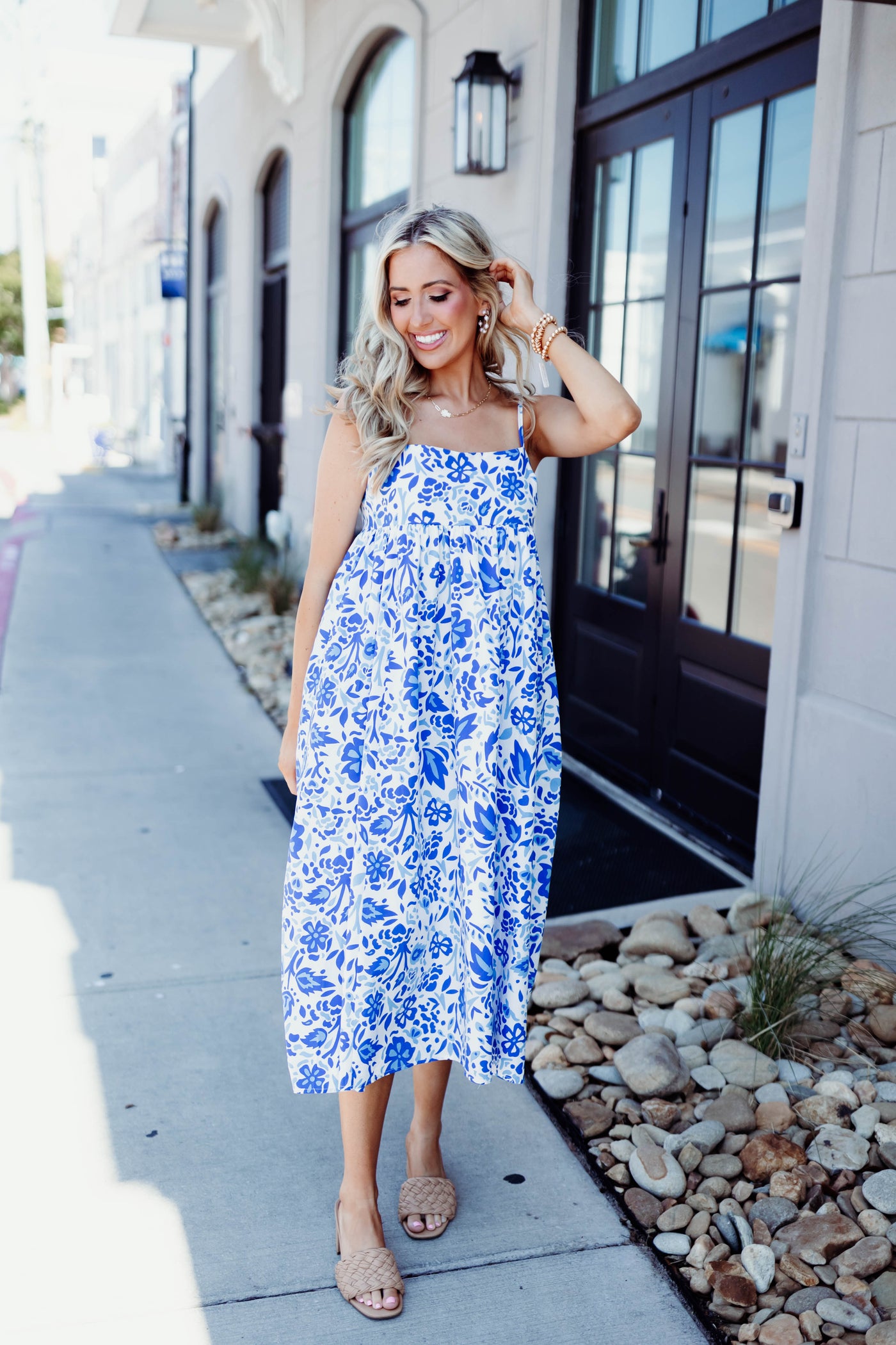 Blue and White Floral Tie Back Detail Midi Dress