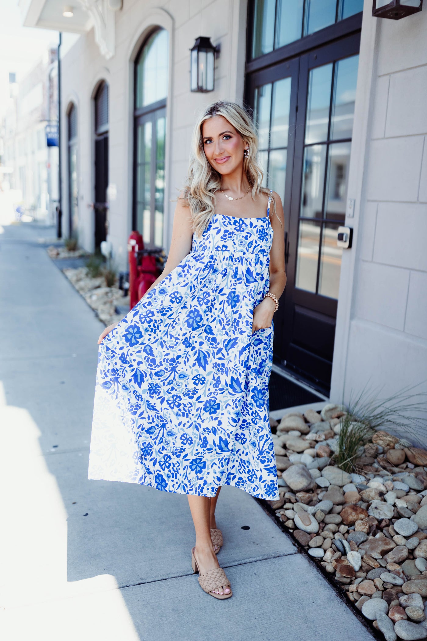 Blue and White Floral Tie Back Detail Midi Dress