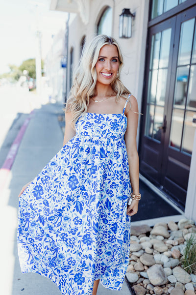 Blue and White Floral Tie Back Detail Midi Dress