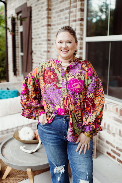 Brown and Tangerine Mix Bubble Sleeve Floral Blouse