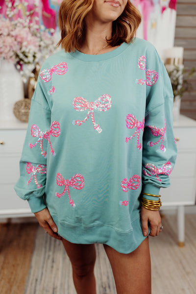 Sage Sequin Bows French Terry Sweatshirt