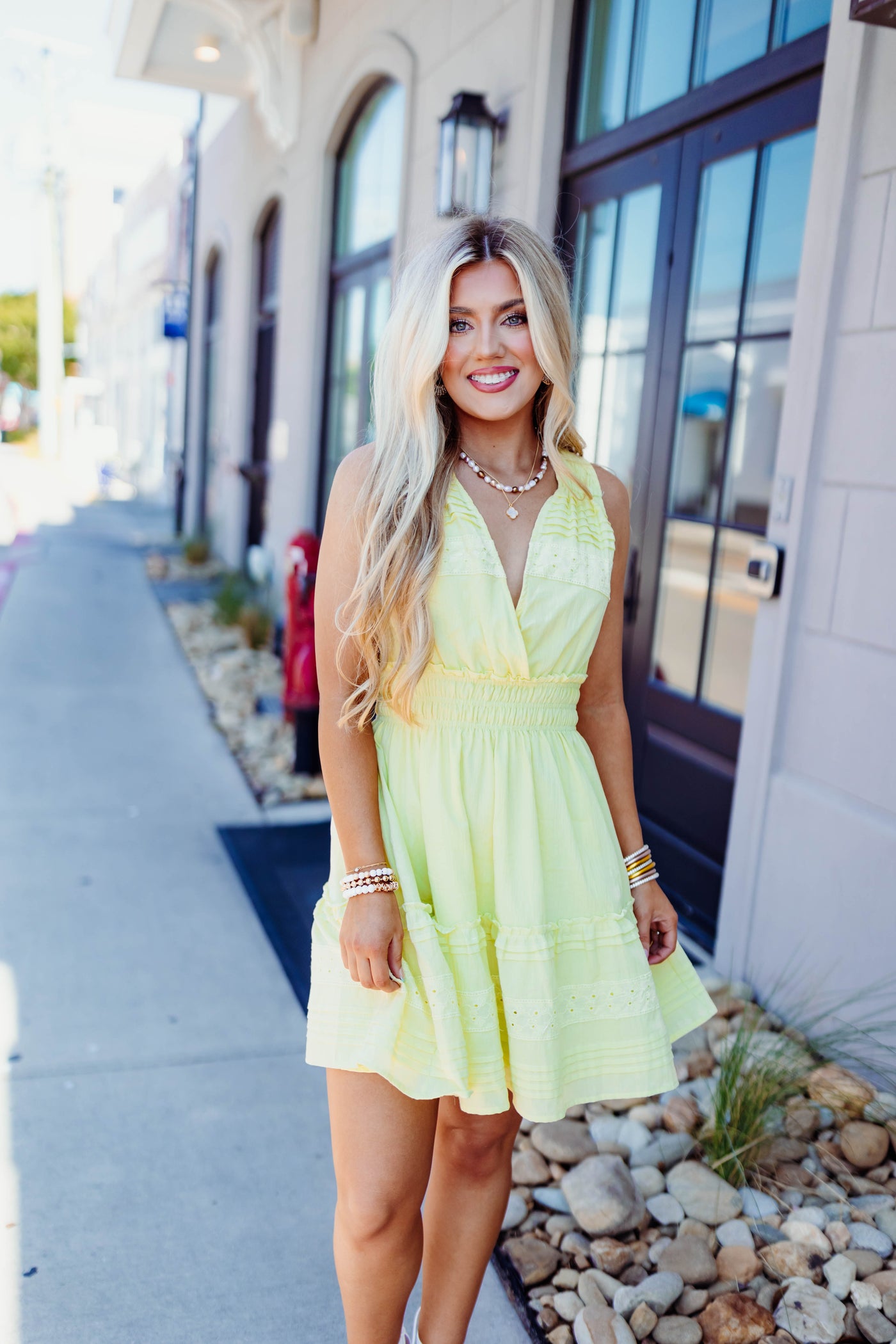 By Together Lime Eyelet Smocked Waist Dress