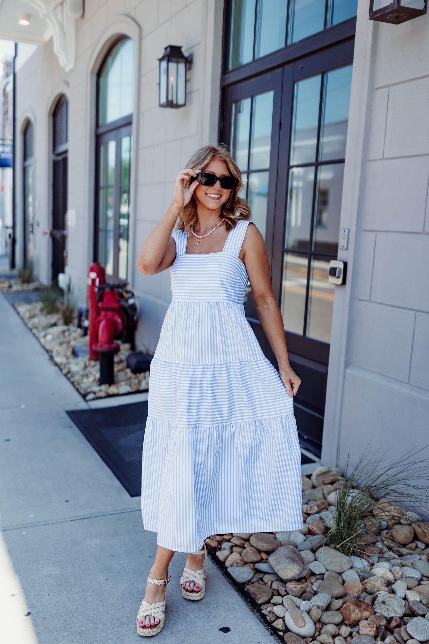 Blue Striped Square Neck Midi Dress