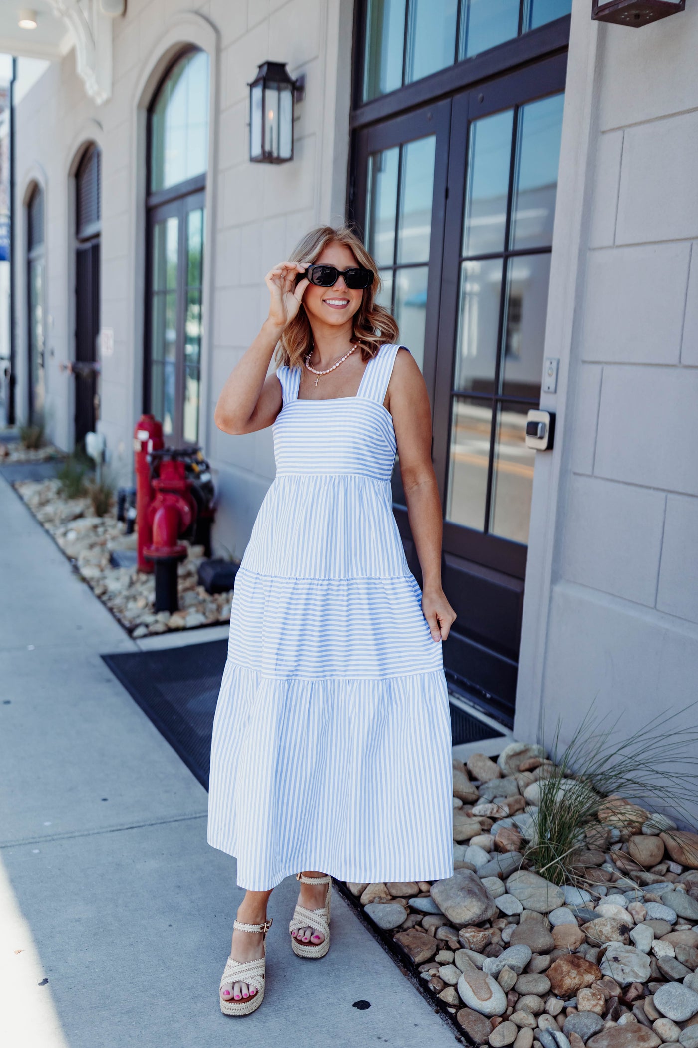 Blue Striped Square Neck Midi Dress