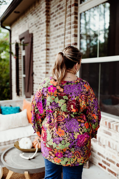 Brown and Tangerine Mix Bubble Sleeve Floral Blouse