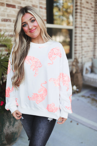 White Pink Sequin Tiger Loose Fit Pullover
