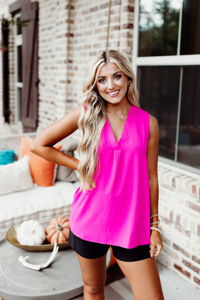 Hot Pink Solid Pleated Sleeveless Blouse