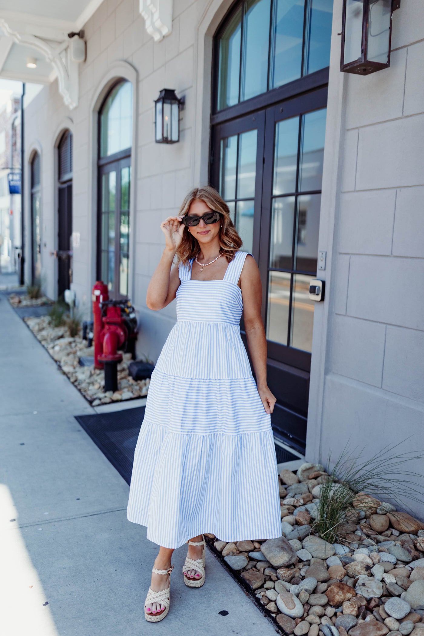 Blue Striped Square Neck Midi Dress