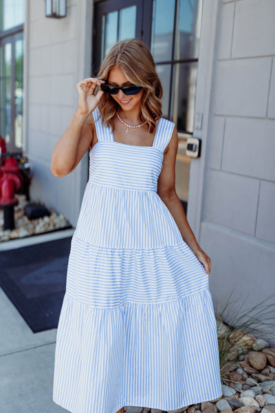 Blue Striped Square Neck Midi Dress