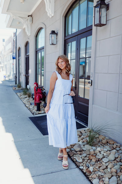 Blue Striped Square Neck Midi Dress