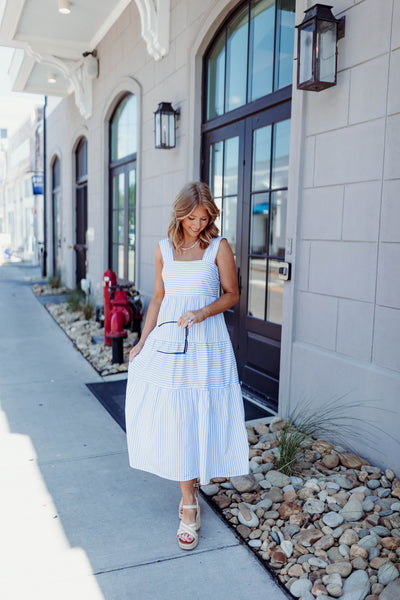 Blue Striped Square Neck Midi Dress