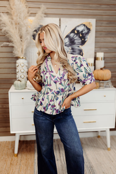 Ecru Floral Scallop Detail Notch Neck Blouse