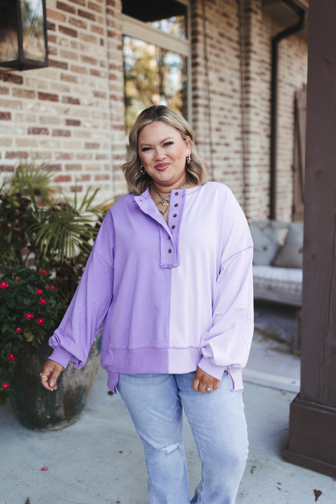Purple/Lavender Colorblock Henley Sweatshirt