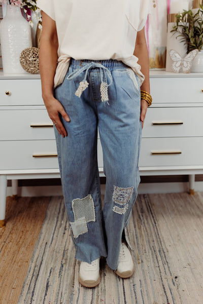 Denim Patch Detail Wide Leg Pants