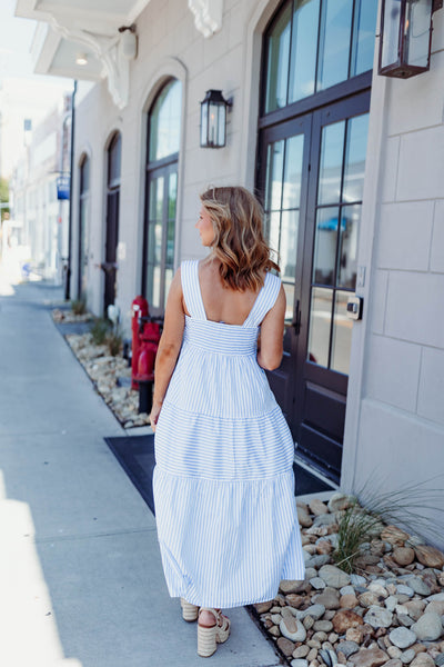 Blue Striped Square Neck Midi Dress