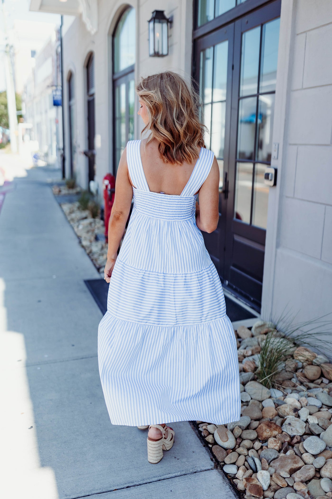 Blue Striped Square Neck Midi Dress