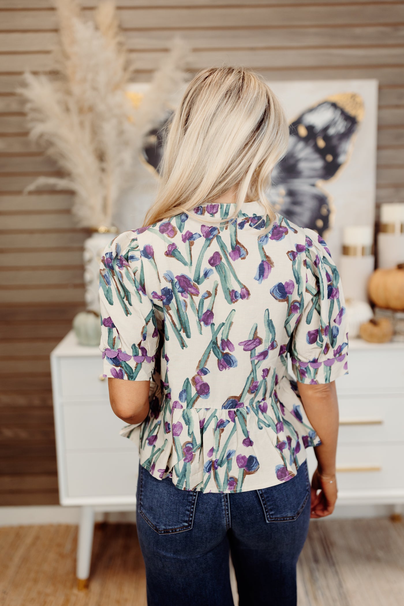 Ecru Floral Scallop Detail Notch Neck Blouse