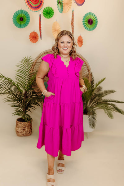 Hot Pink Scallop Trim Ruffle Sleeve Midi Dress
