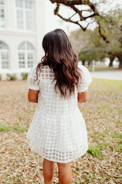 White Gingham Organza Puff Sleeve Dress