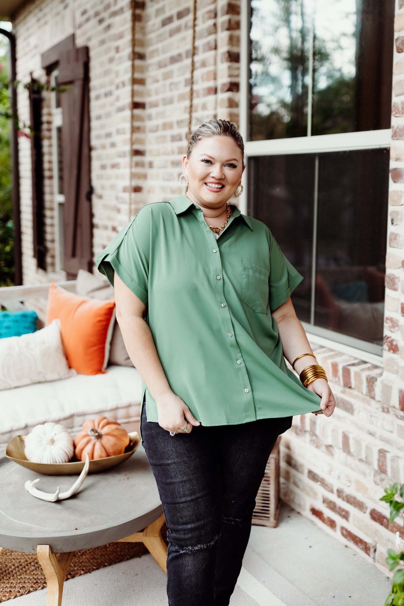 Artichoke Button Down Collared Pocket Blouse