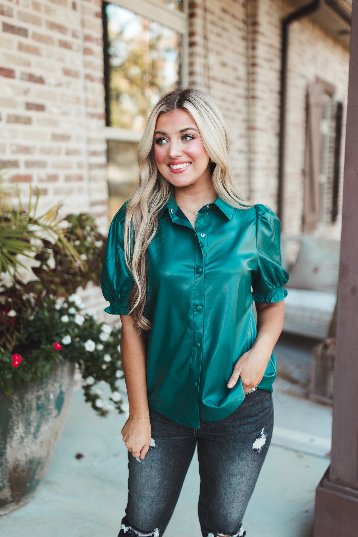 Green Faux Leather Puff Sleeve Button Blouse