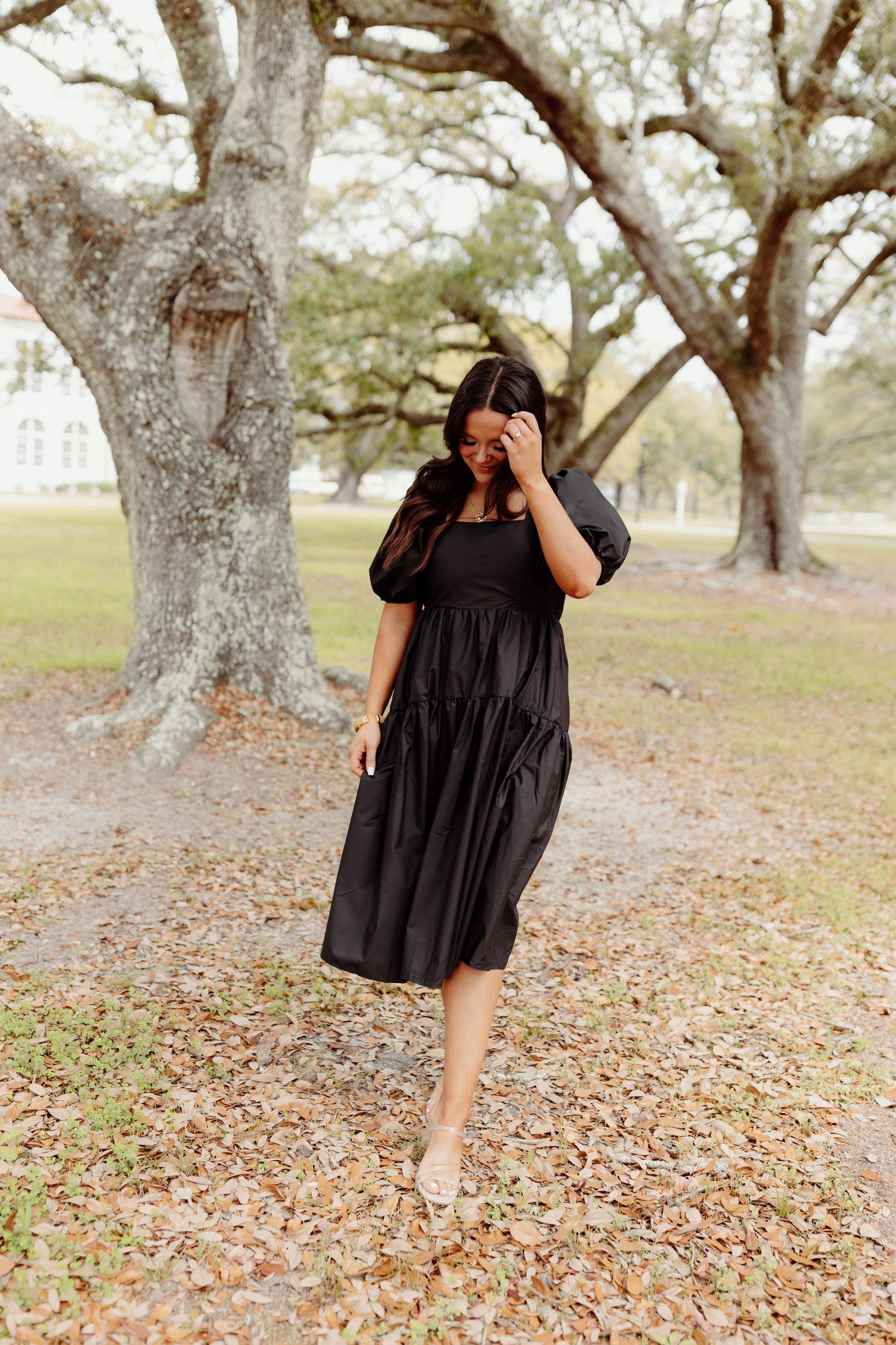 Black Square Neck Puff Sleeve Midi Dress