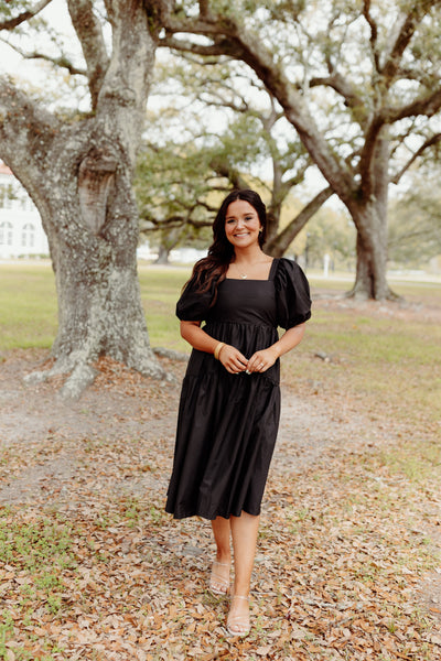 Black Square Neck Puff Sleeve Midi Dress