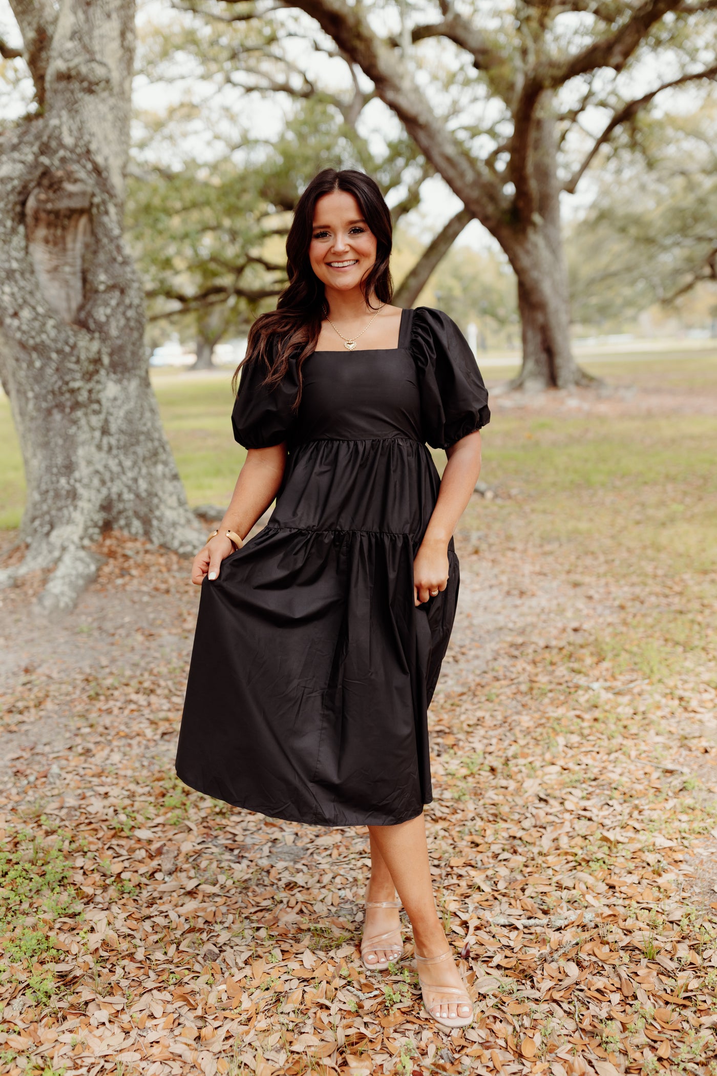 Black Square Neck Puff Sleeve Midi Dress