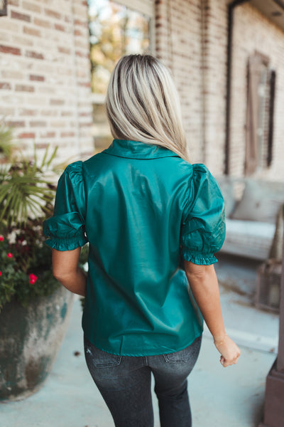 Green Faux Leather Puff Sleeve Button Blouse