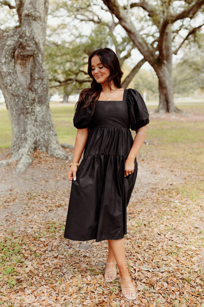 Black Square Neck Puff Sleeve Midi Dress