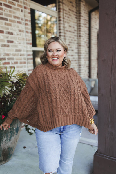 Camel Cable Knit Turtleneck Poncho