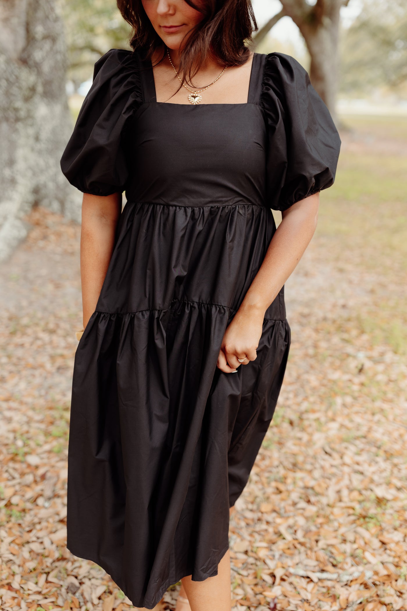 Black Square Neck Puff Sleeve Midi Dress