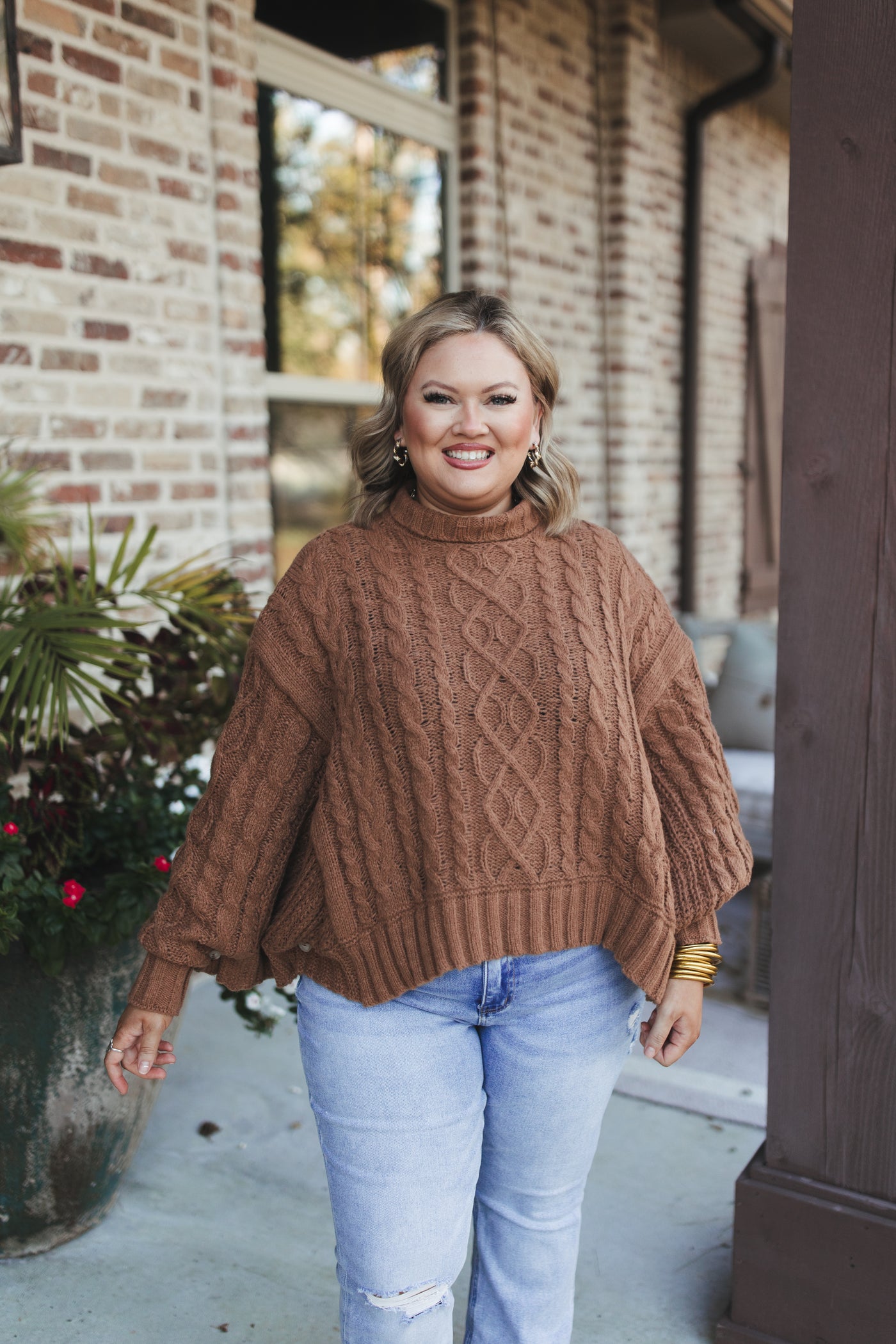 Camel Cable Knit Turtleneck Poncho