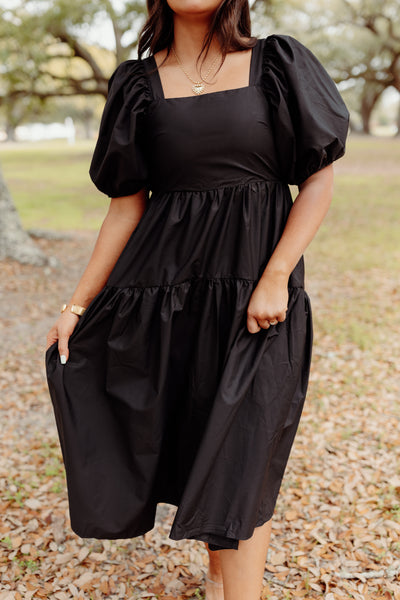 Black Square Neck Puff Sleeve Midi Dress