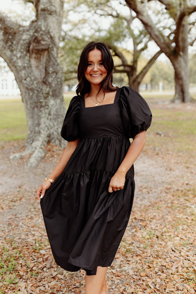 Black Square Neck Puff Sleeve Midi Dress