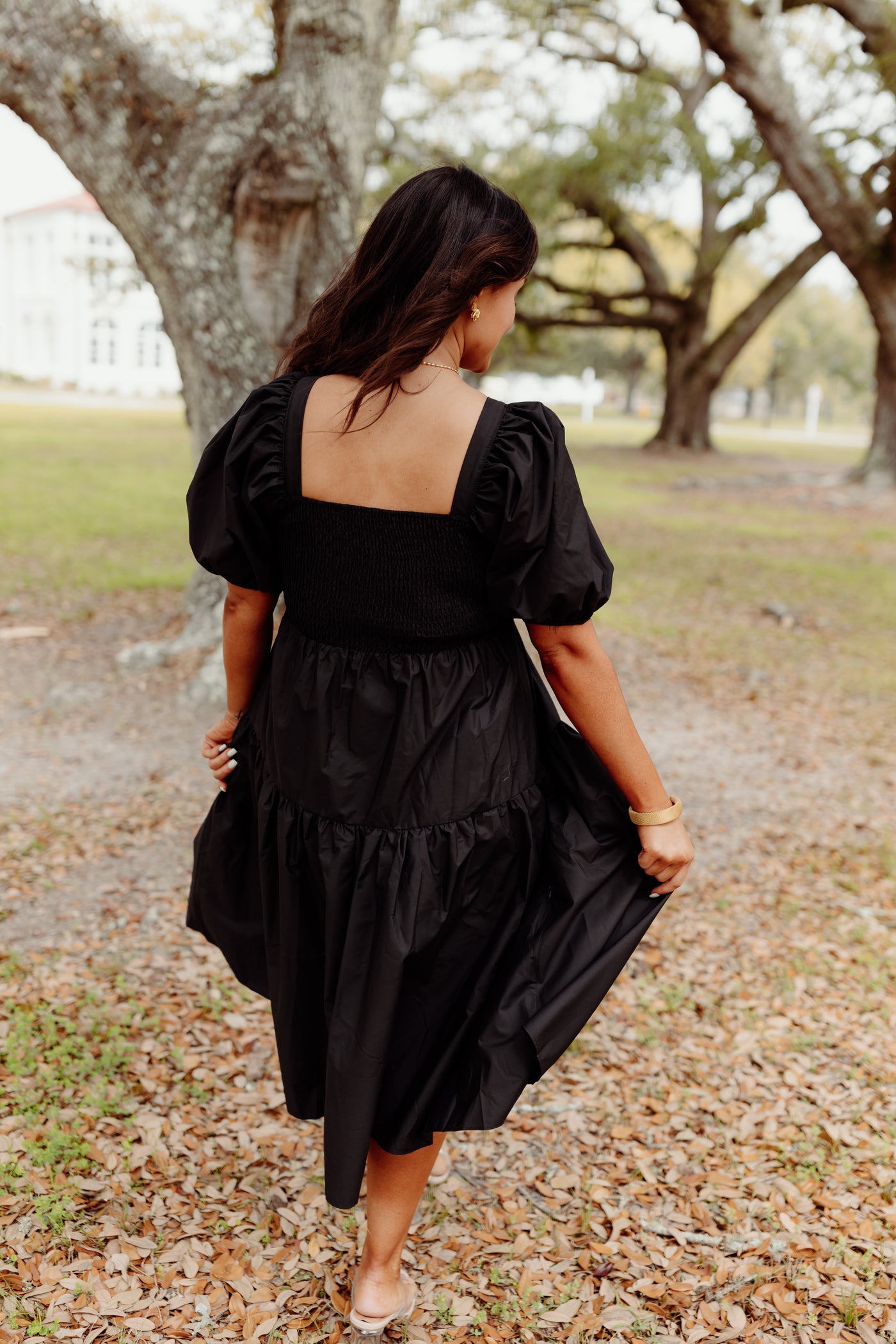 Black Square Neck Puff Sleeve Midi Dress