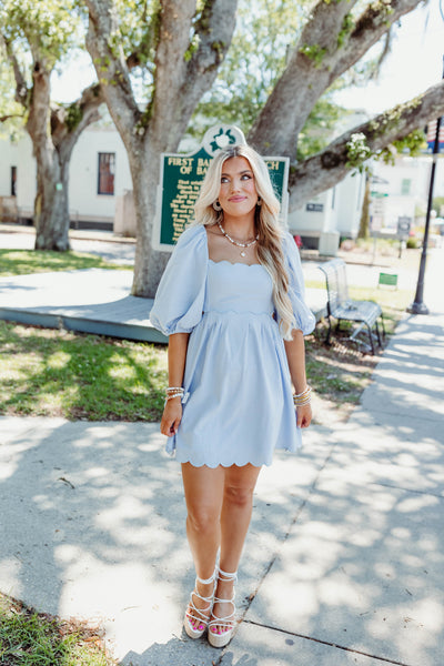 Blue Scallop Puff Sleeve Open Back Dress