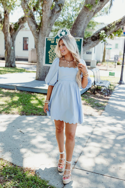 Blue Scallop Puff Sleeve Open Back Dress