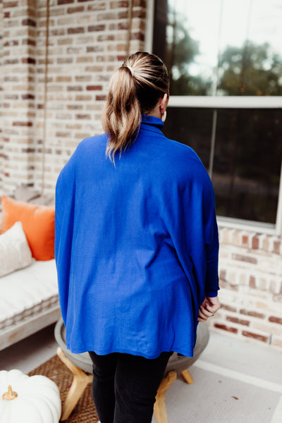 Royal Blue Dolman Button Sleeve Turtleneck Knit Top