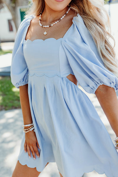 Blue Scallop Puff Sleeve Open Back Dress