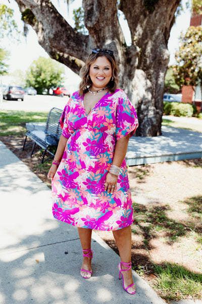 Magenta/Jade Floral Dolman Sleeve Dress