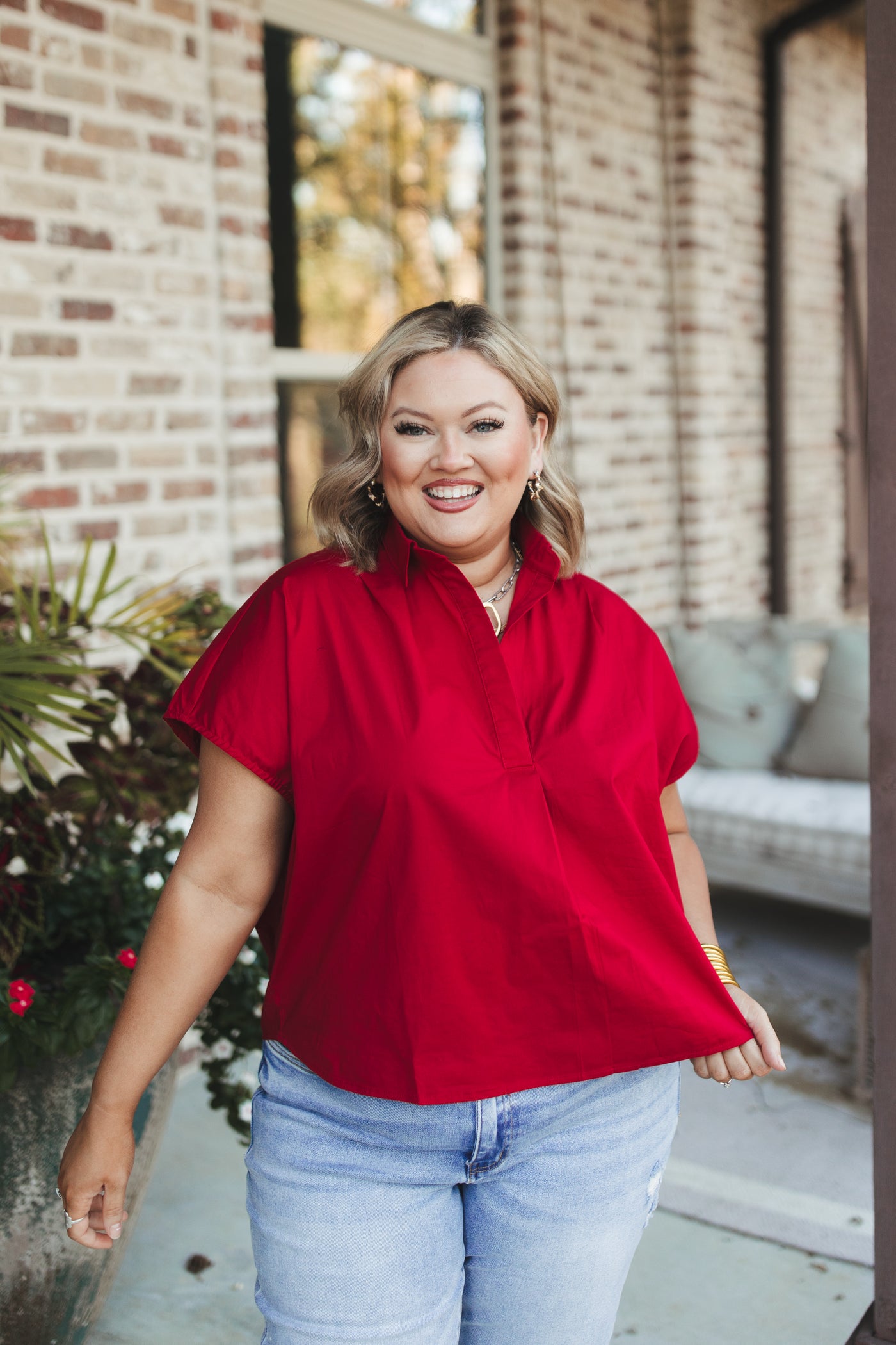 Karlie Burgundy Solid Poplin Collared Top