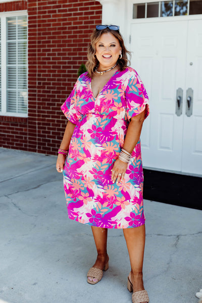 Magenta/Jade Floral Dolman Sleeve Dress