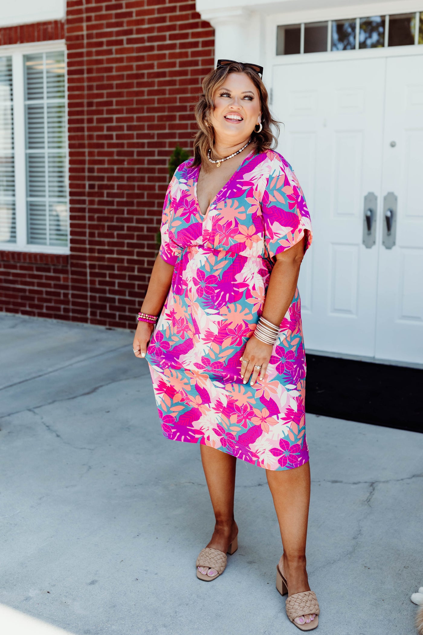 Magenta/Jade Floral Dolman Sleeve Dress