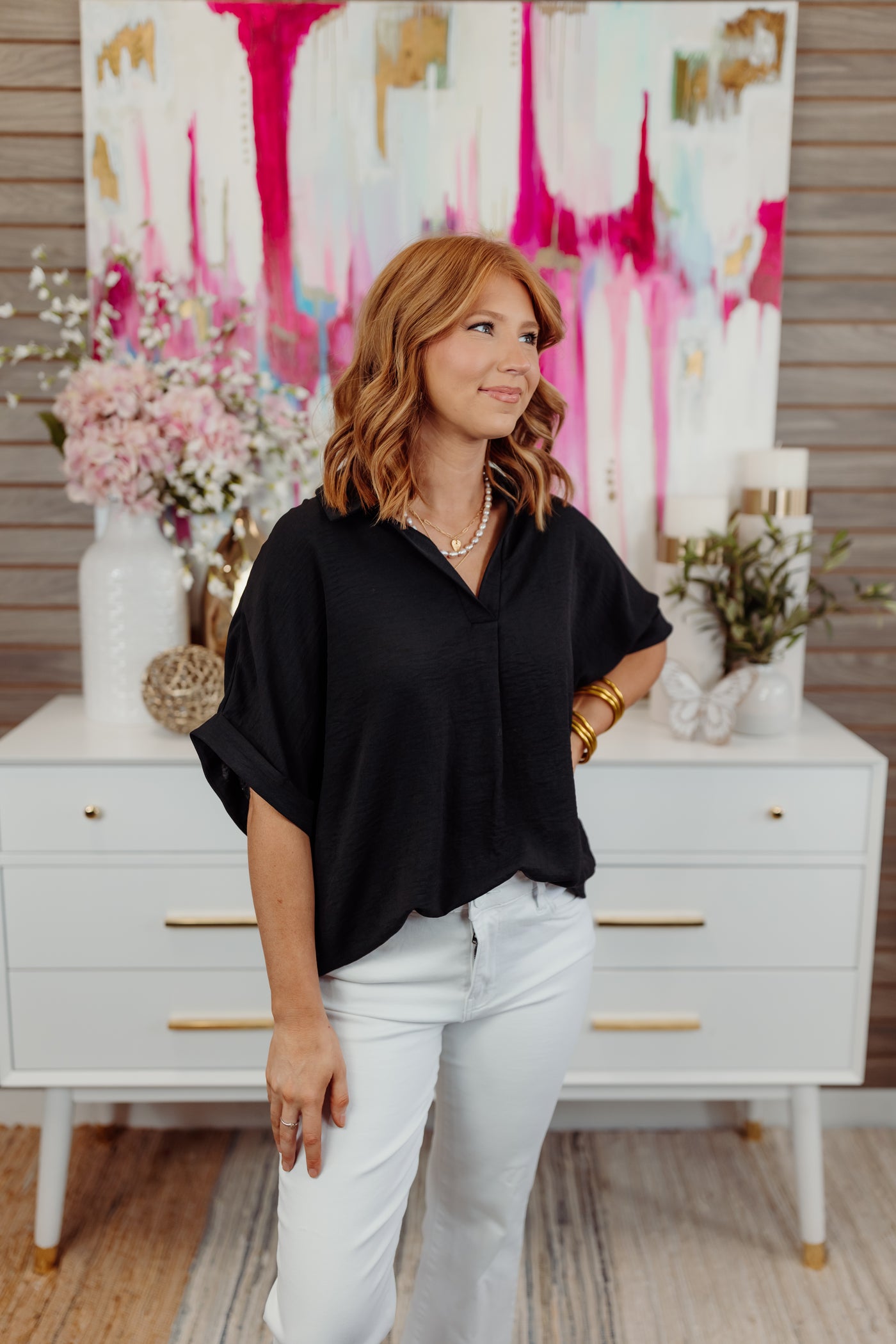 Black Collared Short Sleeve Oversized Blouse