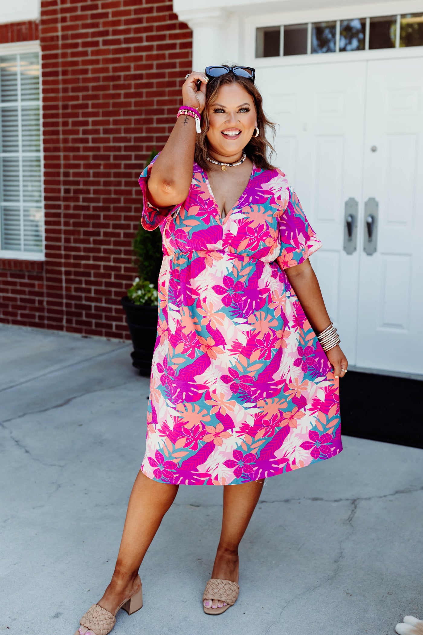 Magenta/Jade Floral Dolman Sleeve Dress