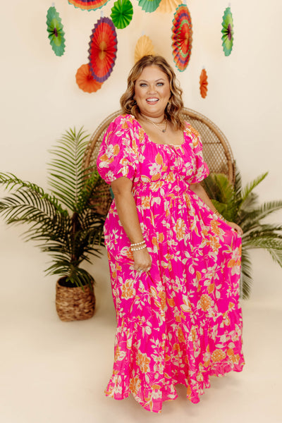 Hot Pink Multi Square Neck Bubble Sleeve Maxi Dress