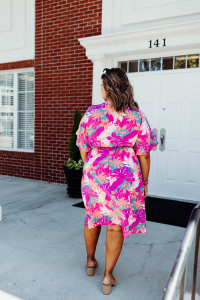 Magenta/Jade Floral Dolman Sleeve Dress