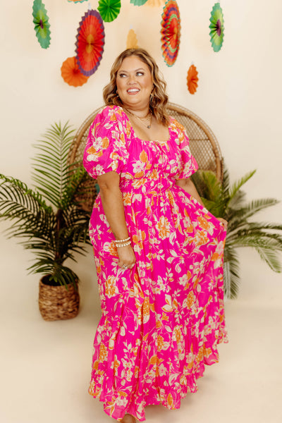 Hot Pink Multi Square Neck Bubble Sleeve Maxi Dress