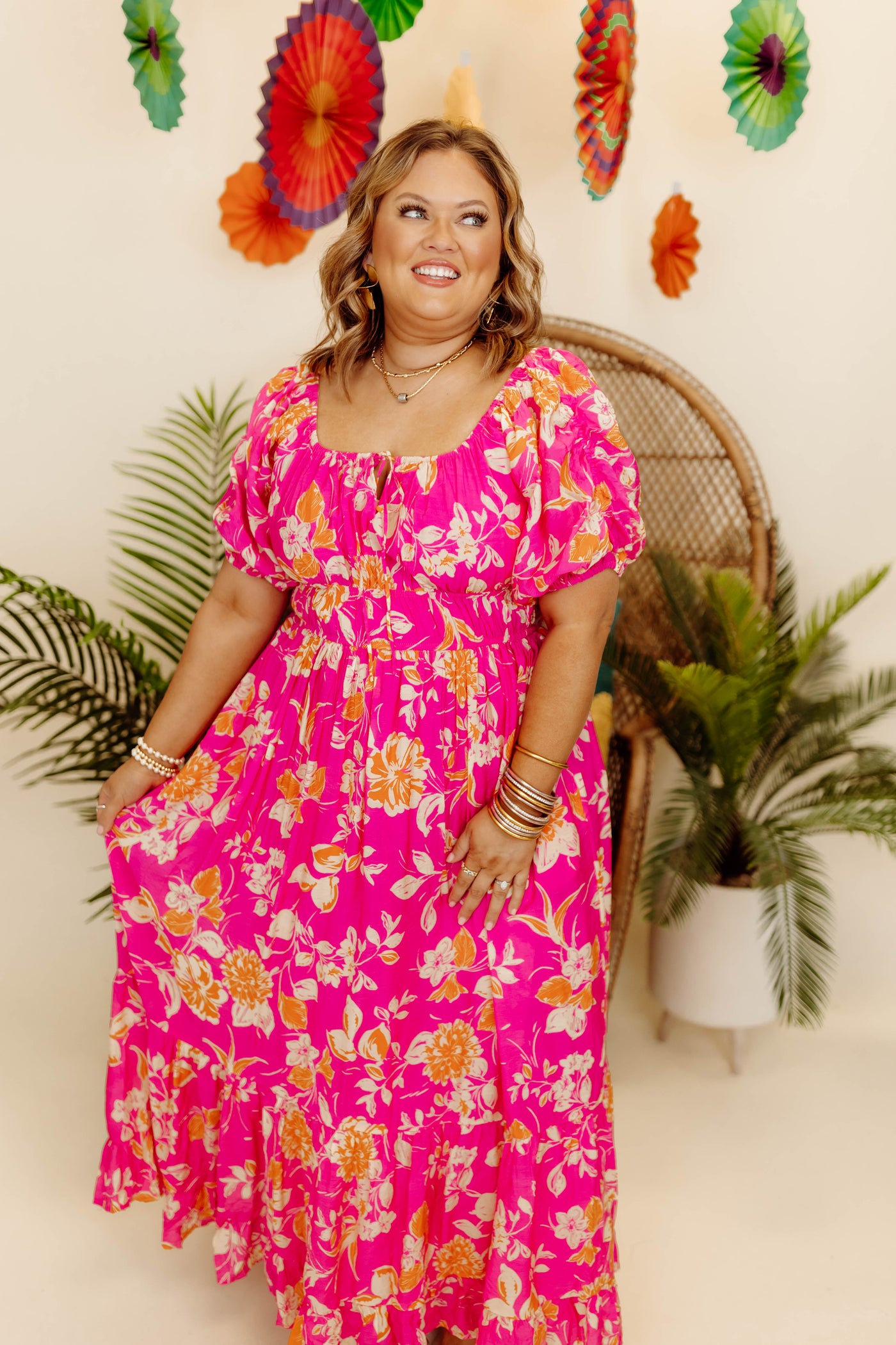 Hot Pink Multi Square Neck Bubble Sleeve Maxi Dress